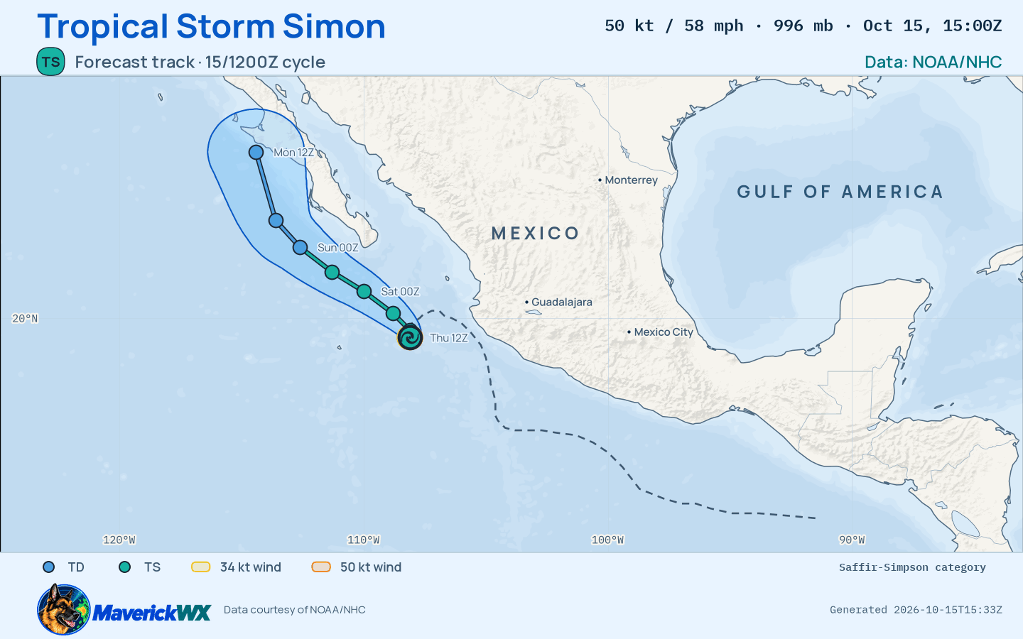 The official forecast track for Tropical Storm Simon, NHC Advisory 33