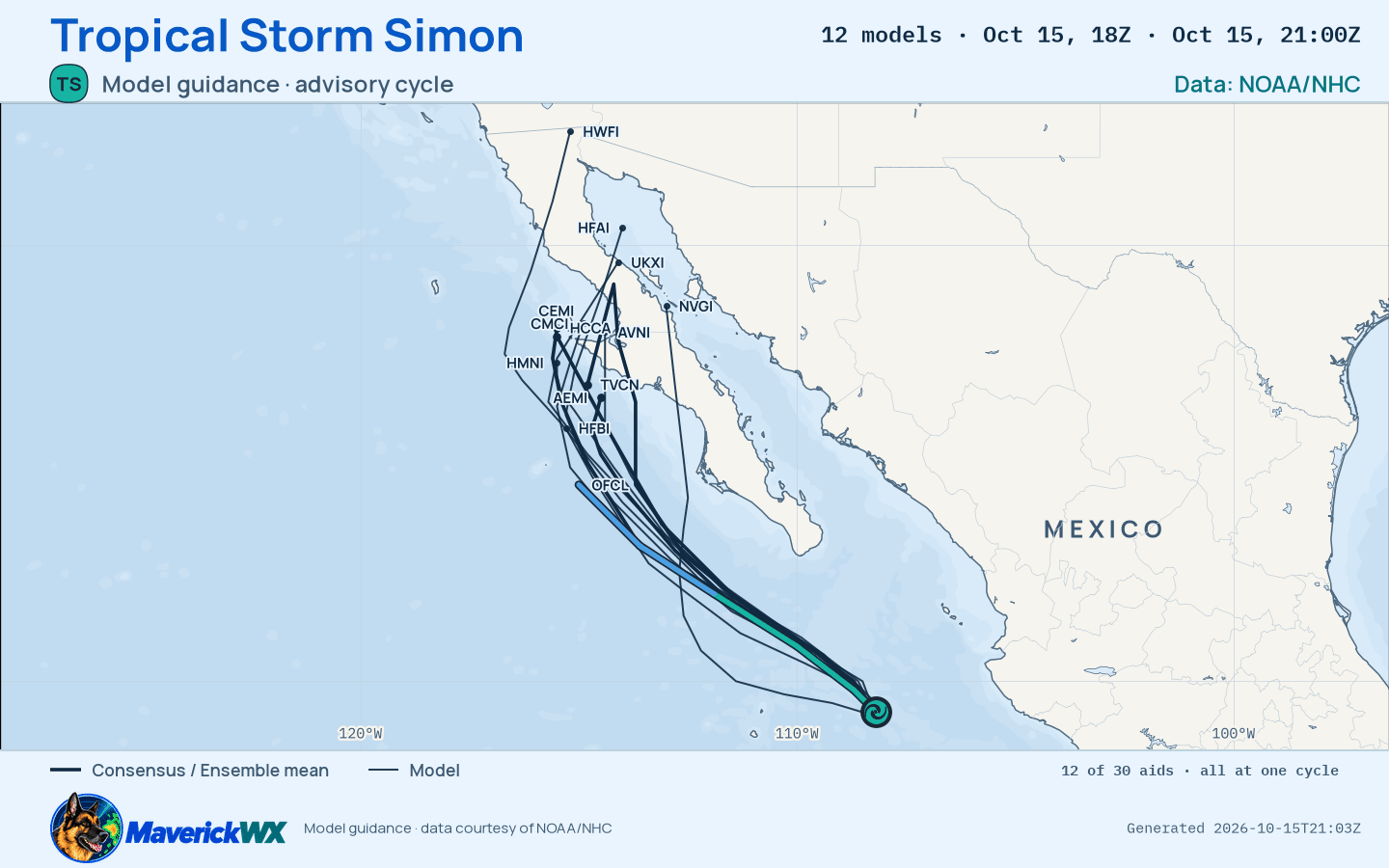 The models’ tracks, which are not a forecast for Tropical Storm Simon, NHC Advisory 34