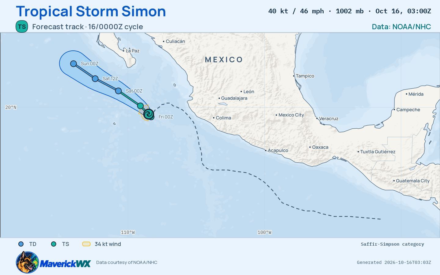 NHC forecast for Tropical Storm Simon, Advisory 35; rendered by MaverickWX