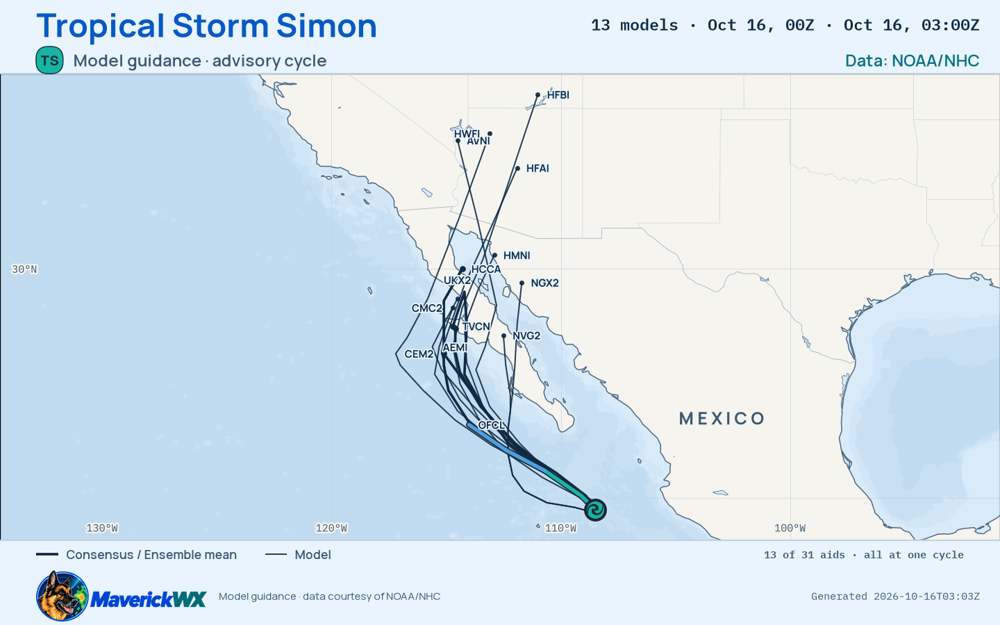 The models’ tracks, which are not a forecast for Tropical Storm Simon, NHC Advisory 35