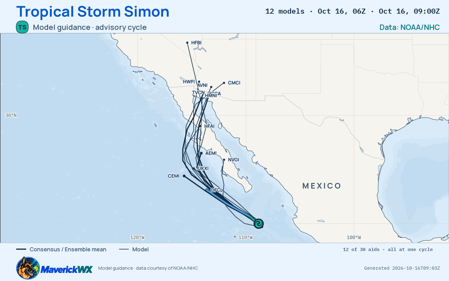 The models’ tracks, which are not a forecast for Tropical Storm Simon, NHC Advisory 36