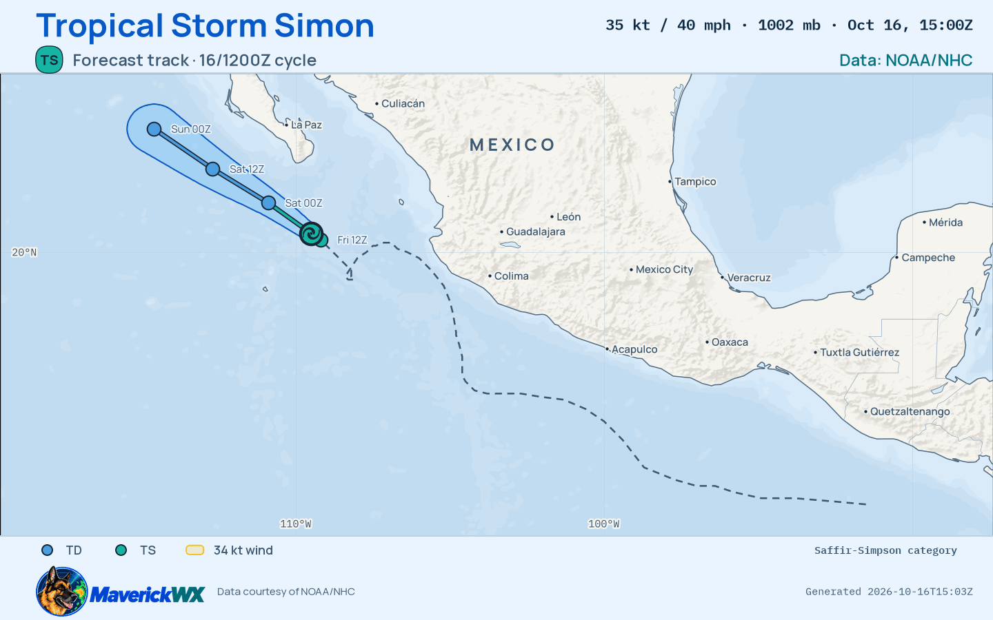 NHC forecast for Tropical Storm Simon, Advisory 37; rendered by MaverickWX