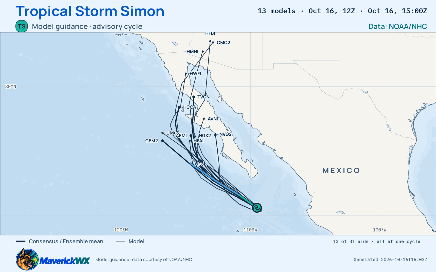 The models’ tracks, which are not a forecast for Tropical Storm Simon, NHC Advisory 37