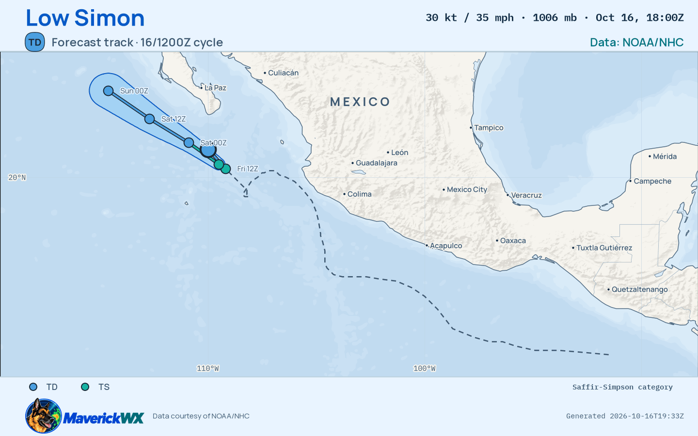 NHC forecast for Remnant Low Simon, Best track; rendered by MaverickWX