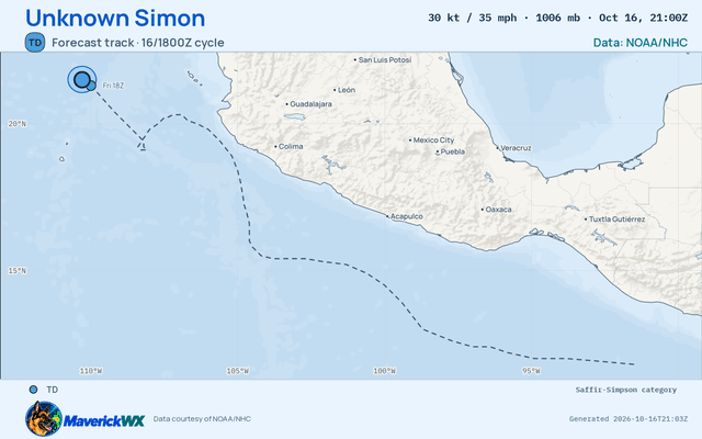The official forecast track for Unknown Simon, NHC Advisory 38