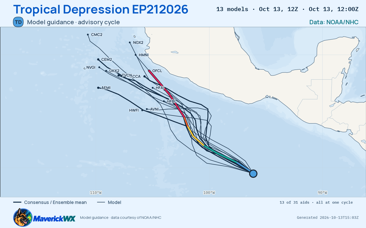 The models’ tracks, which are not a forecast for Tropical Depression EP212026, NHC Best track