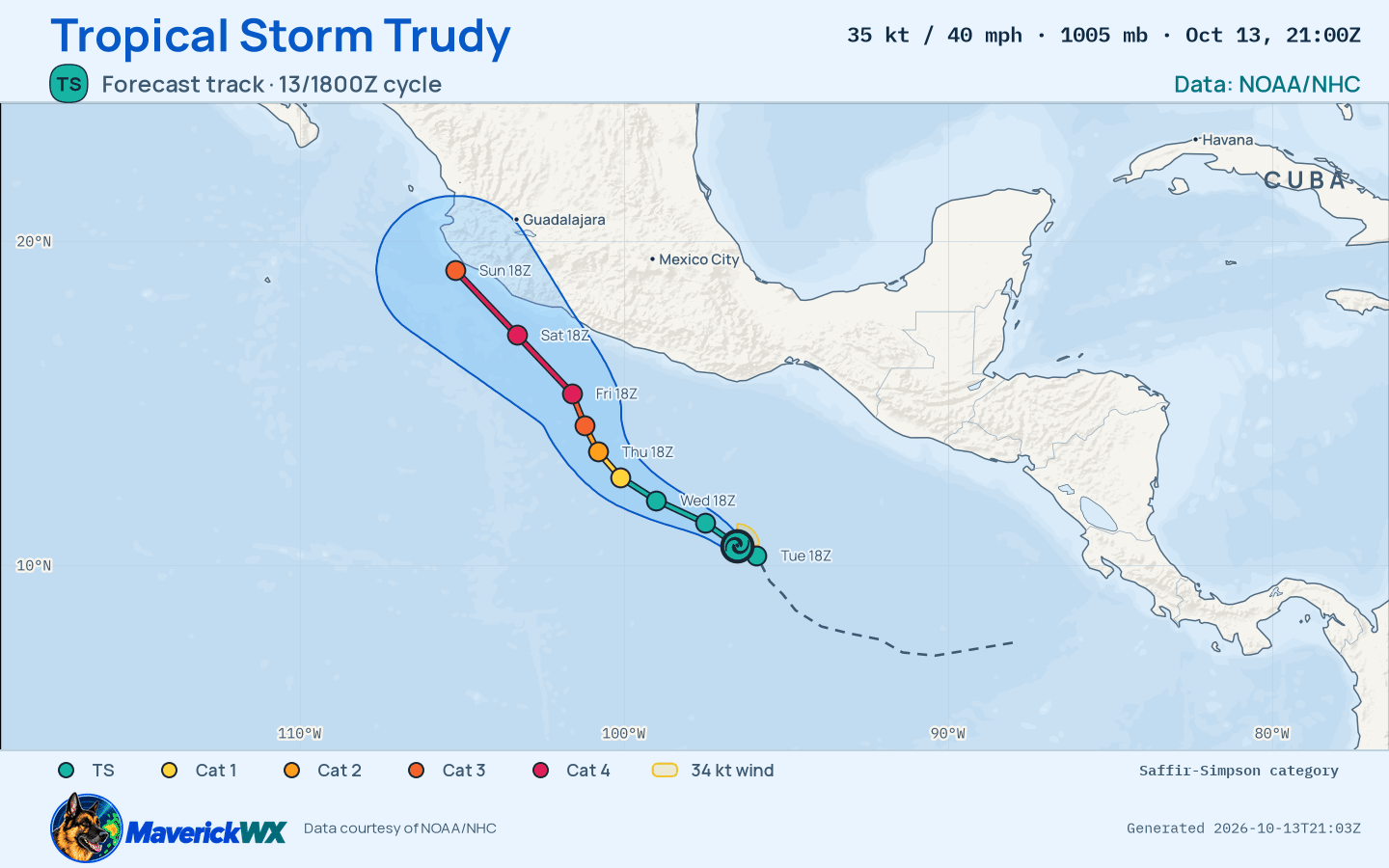 NHC forecast for Tropical Storm Trudy, Advisory 2; rendered by MaverickWX