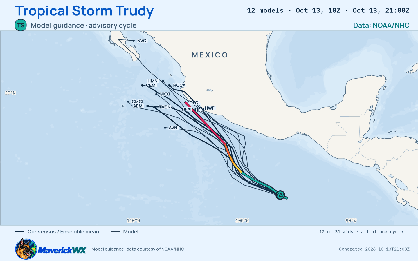 The models’ tracks, which are not a forecast for Tropical Storm Trudy, NHC Advisory 2