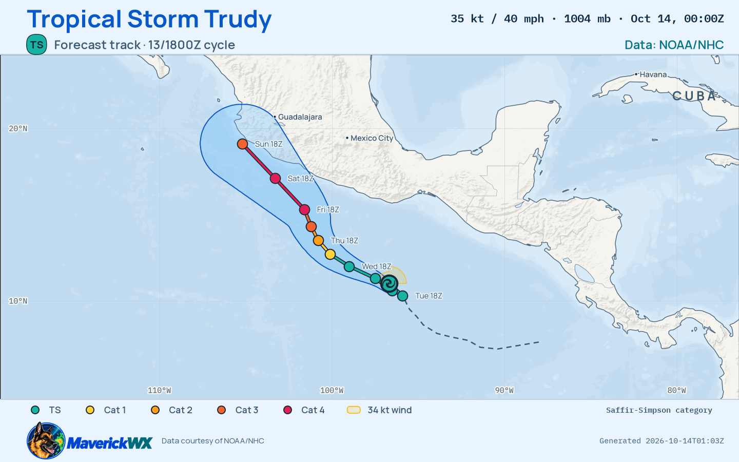 NHC forecast for Tropical Storm Trudy, Best track; rendered by MaverickWX