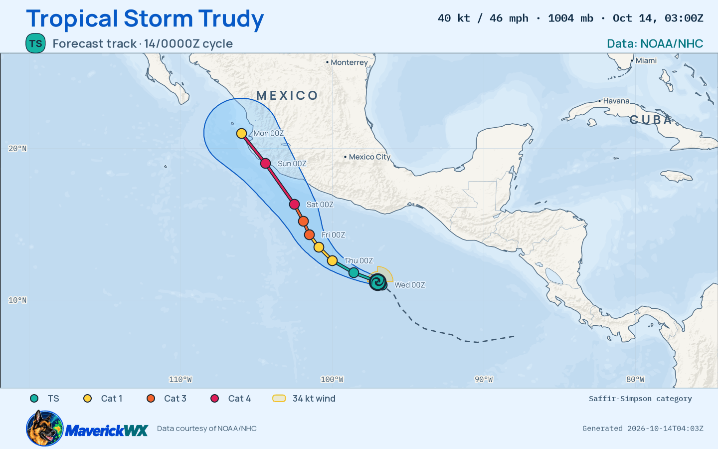 NHC forecast for Tropical Storm Trudy, Advisory 3; rendered by MaverickWX