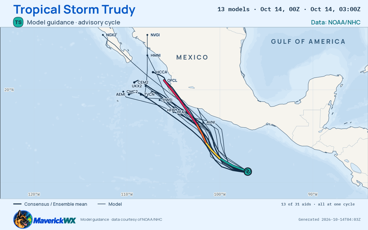 The models’ tracks, which are not a forecast for Tropical Storm Trudy, NHC Advisory 3