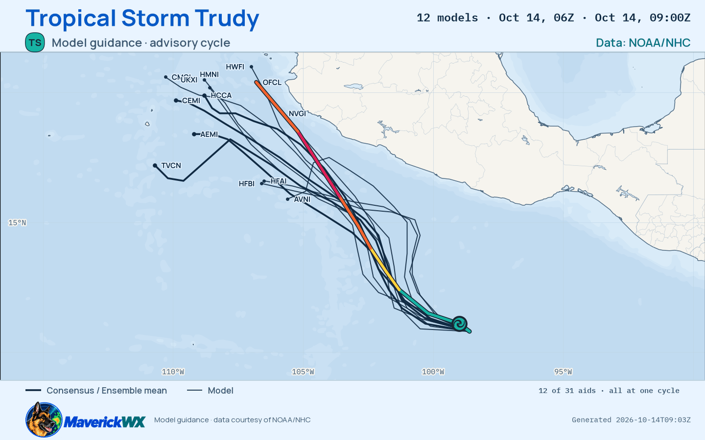 The models’ tracks, which are not a forecast for Tropical Storm Trudy, NHC Advisory 4