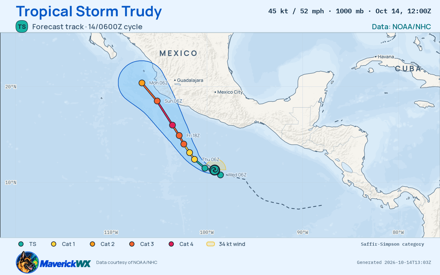 NHC forecast for Tropical Storm Trudy, Best track; rendered by MaverickWX