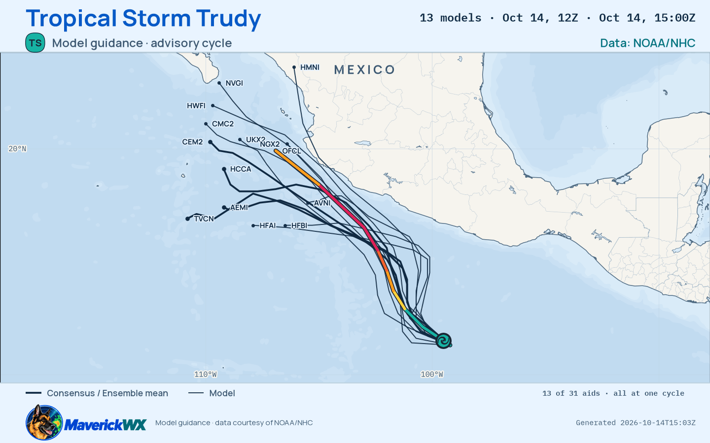 The models’ tracks, which are not a forecast for Tropical Storm Trudy, NHC Advisory 5