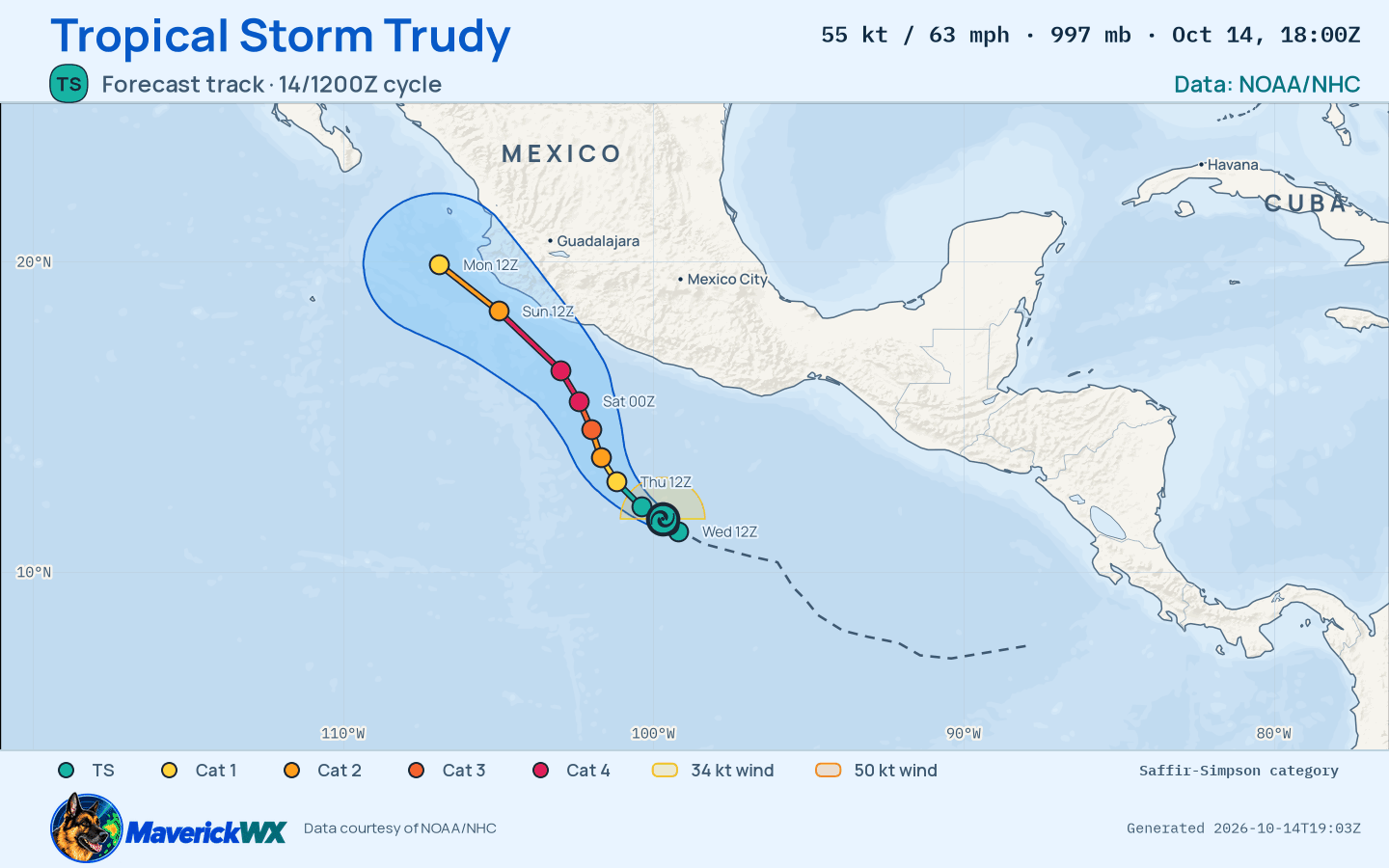 NHC forecast for Tropical Storm Trudy, Best track; rendered by MaverickWX