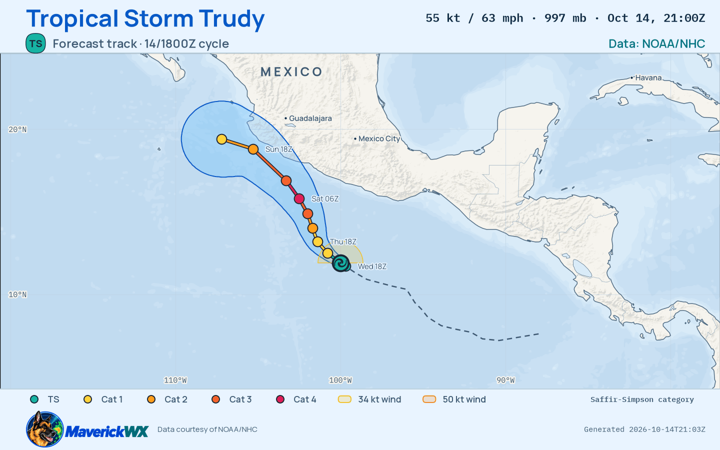 NHC forecast for Tropical Storm Trudy, Advisory 6; rendered by MaverickWX