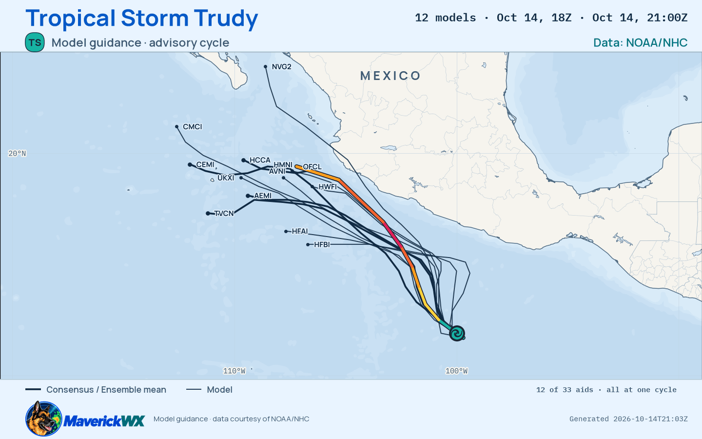 The models’ tracks, which are not a forecast for Tropical Storm Trudy, NHC Advisory 6