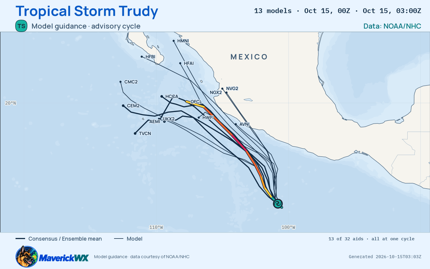 The models’ tracks, which are not a forecast for Tropical Storm Trudy, NHC Advisory 7