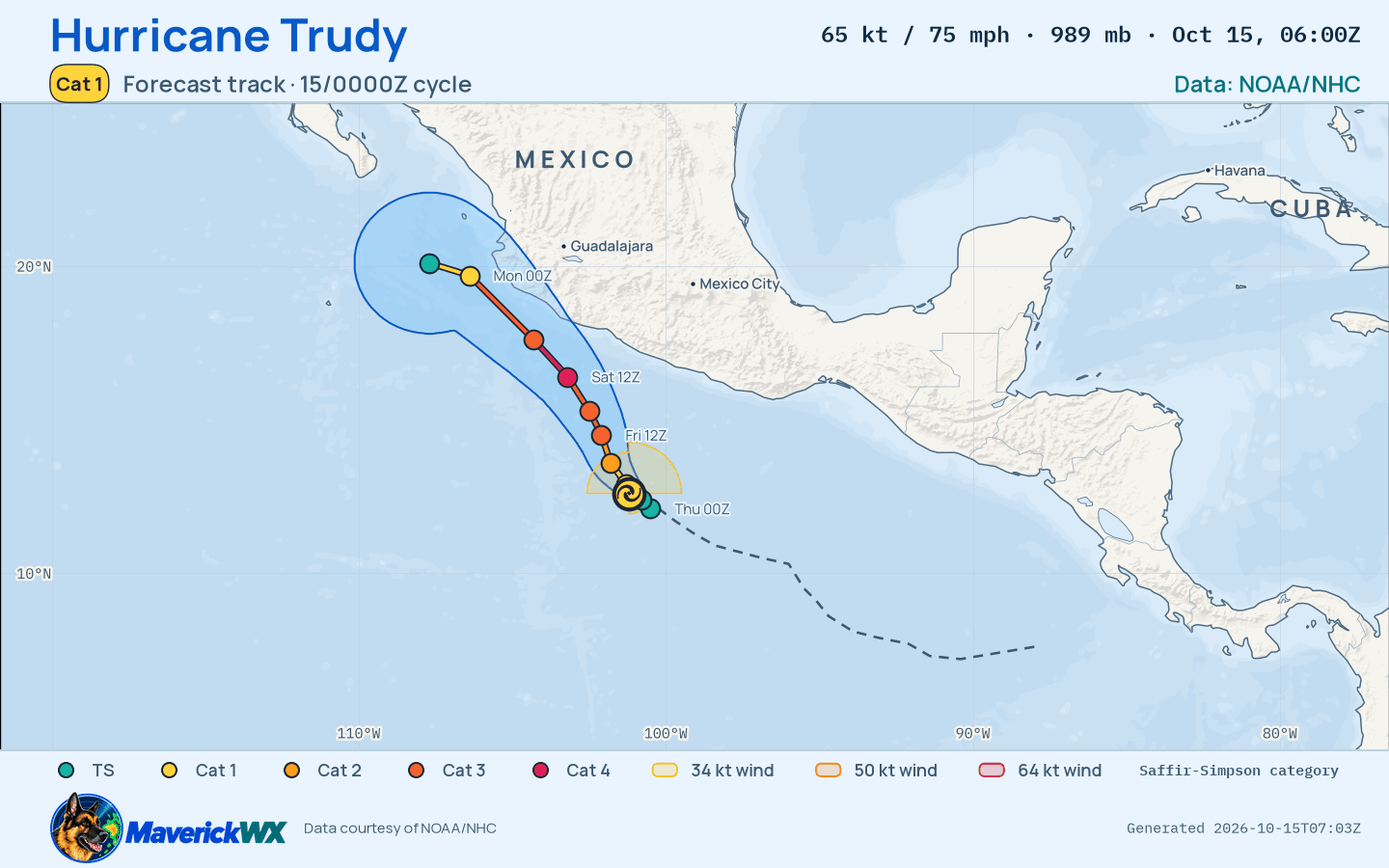 NHC forecast for Category 1 Hurricane Trudy, Best track; rendered by MaverickWX