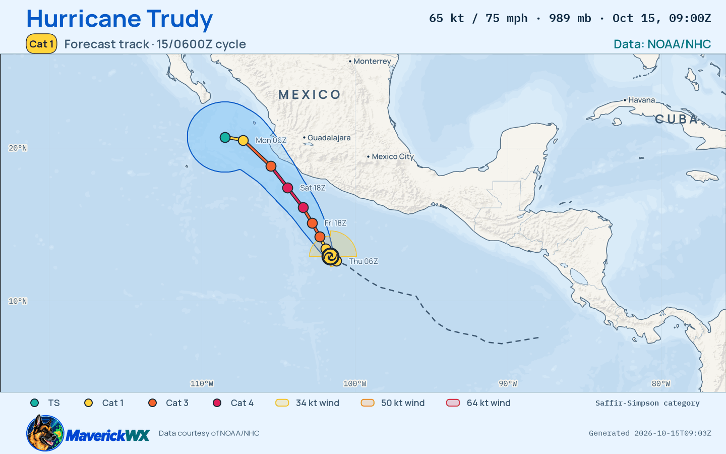 NHC forecast for Category 1 Hurricane Trudy, Advisory 8; rendered by MaverickWX