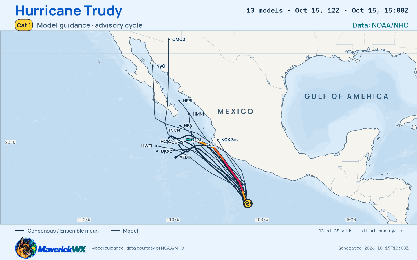 The models’ tracks, which are not a forecast for Category 1 Hurricane Trudy, NHC Advisory 9