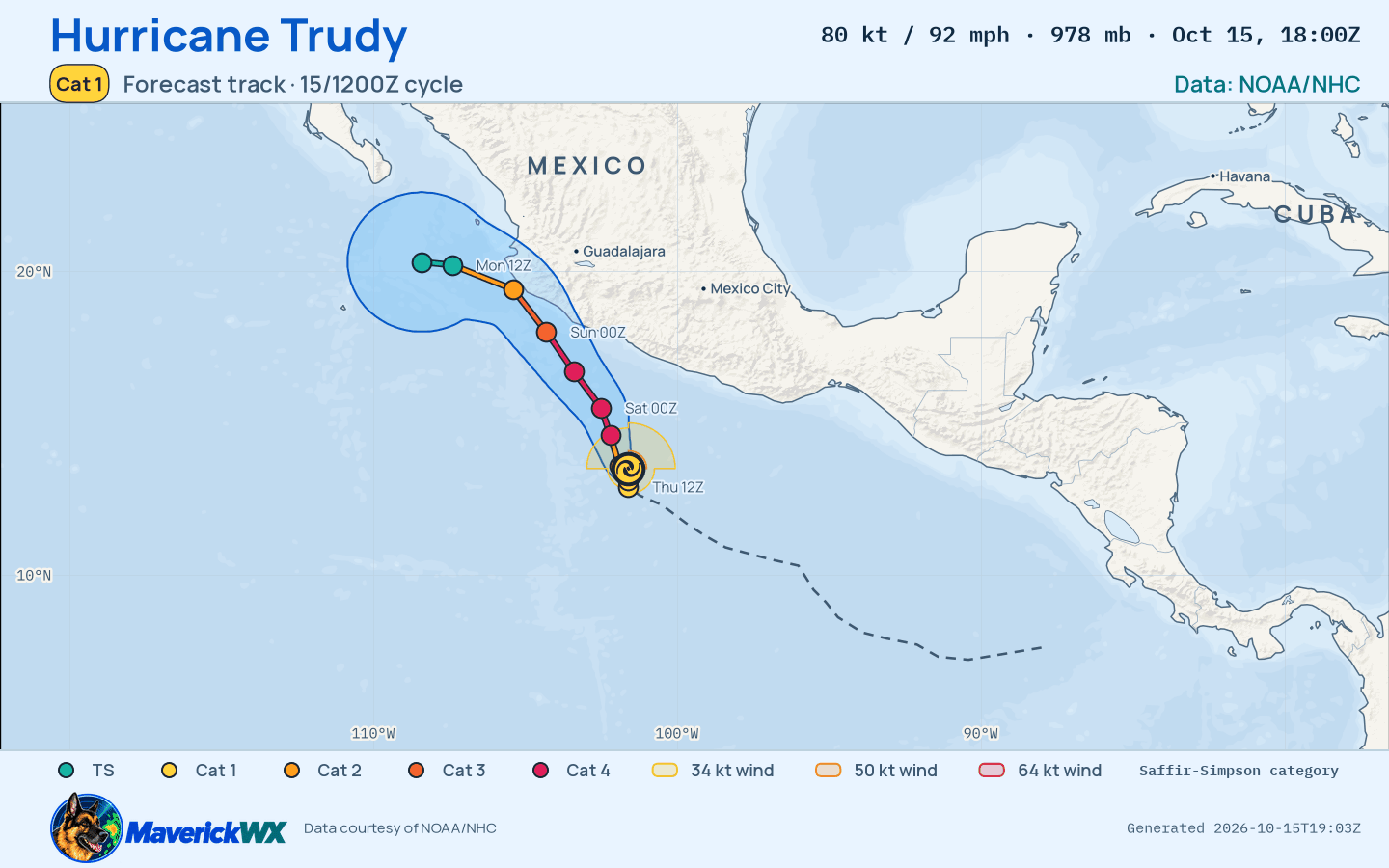 NHC forecast for Category 1 Hurricane Trudy, Best track; rendered by MaverickWX