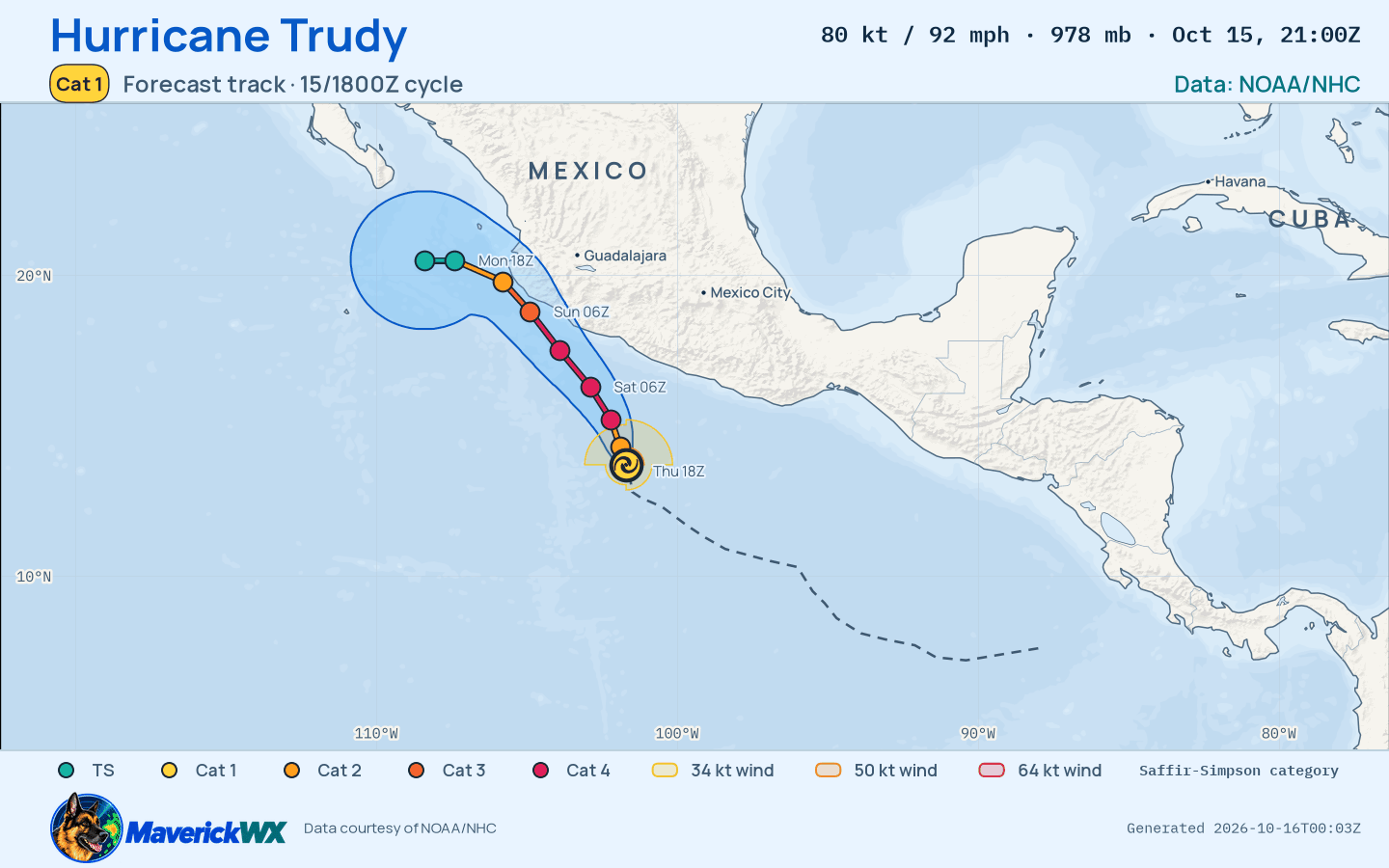 NHC forecast for Category 1 Hurricane Trudy, Advisory 10; rendered by MaverickWX