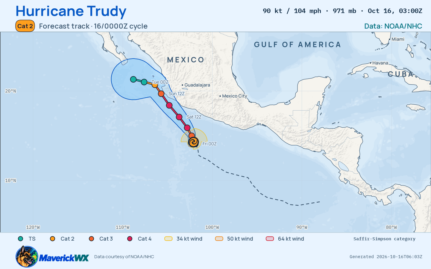 NHC forecast for Category 2 Hurricane Trudy, Advisory 11; rendered by MaverickWX