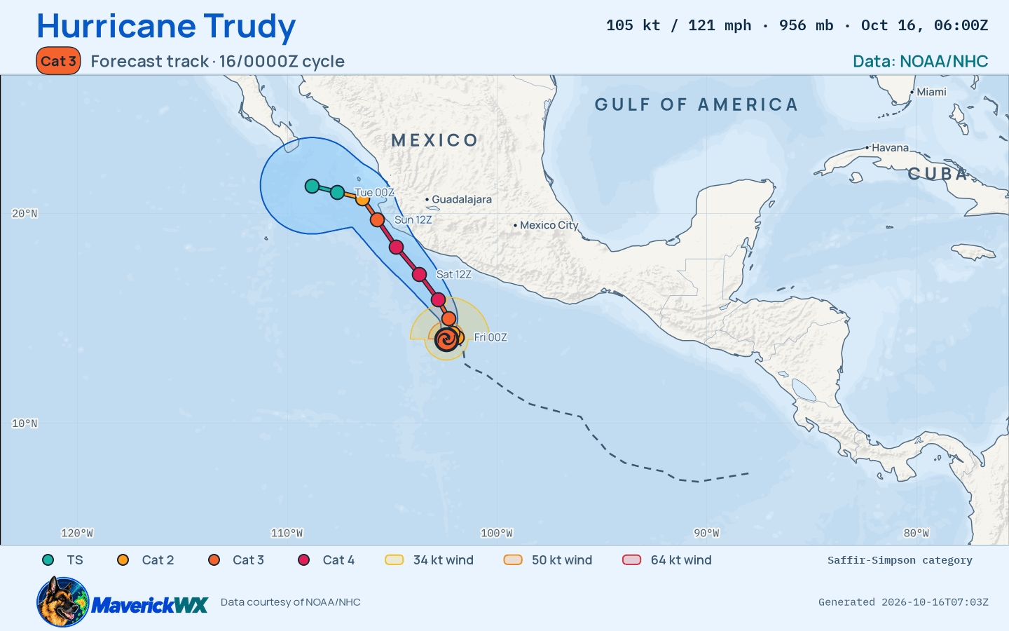NHC forecast for Category 3 Hurricane Trudy, Best track; rendered by MaverickWX