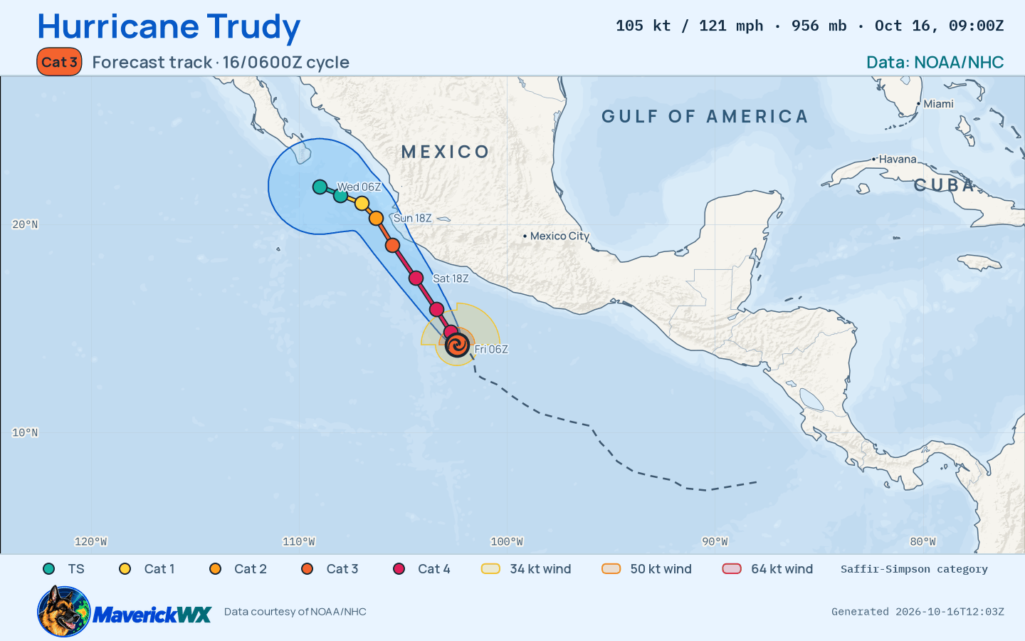 NHC forecast for Category 3 Hurricane Trudy, Advisory 12; rendered by MaverickWX