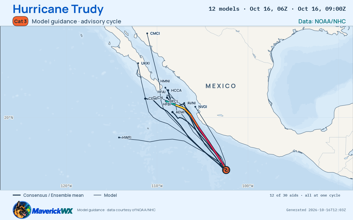 The models’ tracks, which are not a forecast for Category 3 Hurricane Trudy, NHC Advisory 12