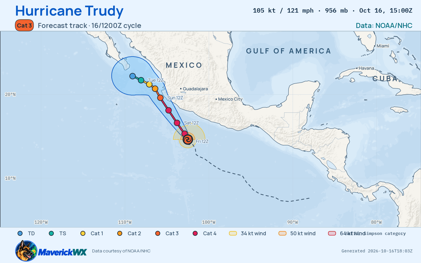 NHC forecast for Category 3 Hurricane Trudy, Advisory 13; rendered by MaverickWX