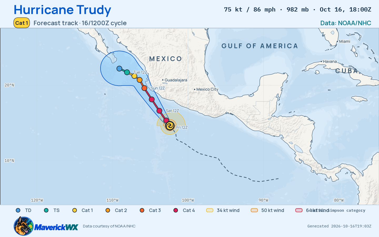 NHC forecast for Category 1 Hurricane Trudy, Best track; rendered by MaverickWX
