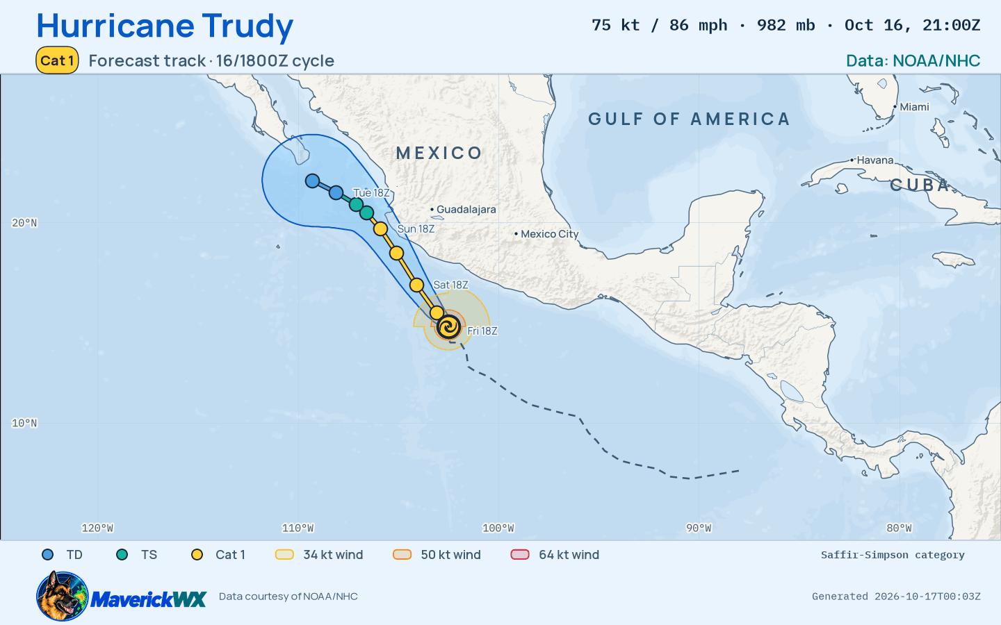 NHC forecast for Category 1 Hurricane Trudy, Advisory 14; rendered by MaverickWX