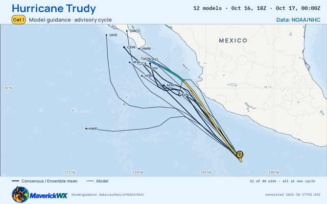 The models’ tracks, which are not a forecast for Category 1 Hurricane Trudy, NHC Best track