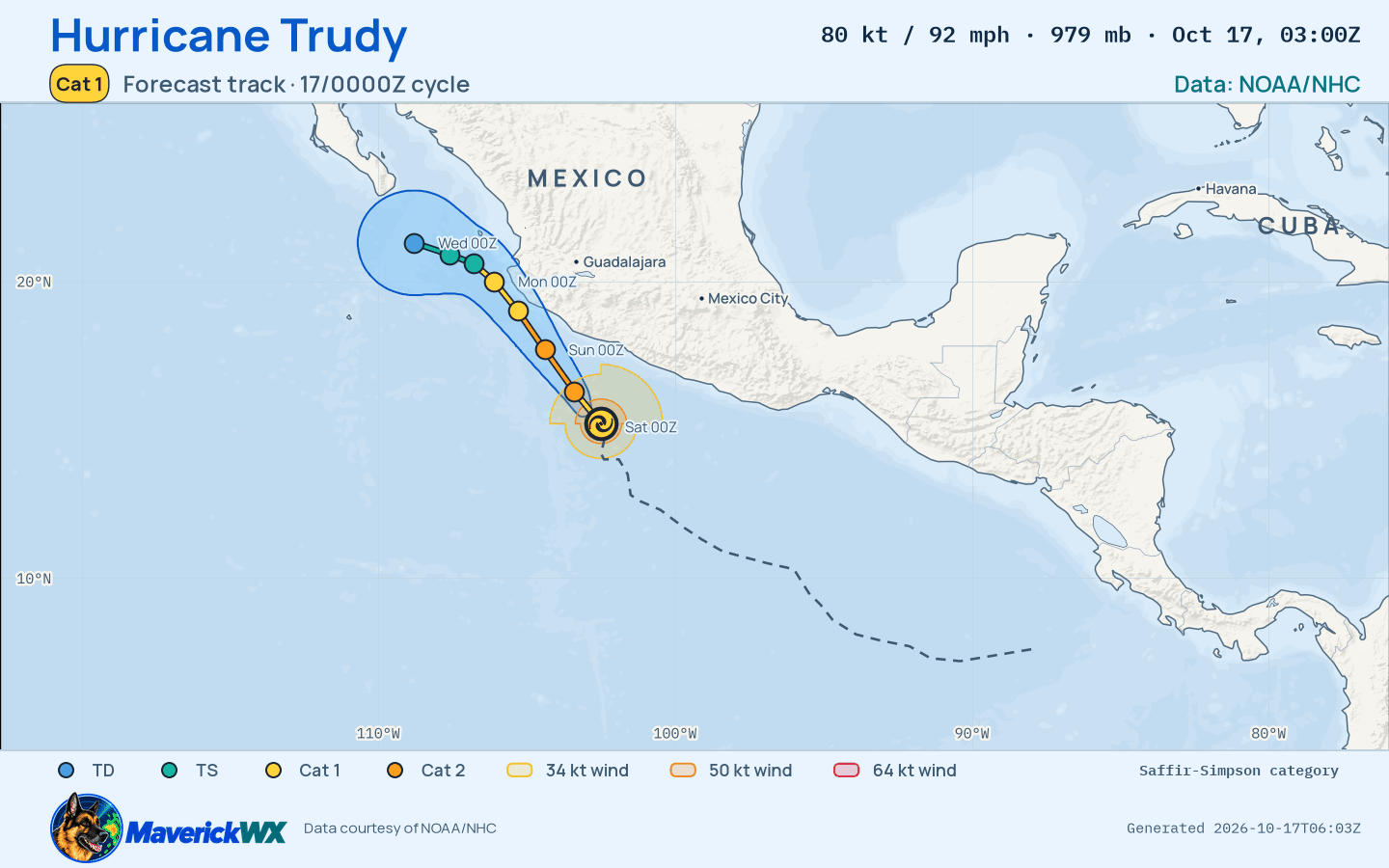 NHC forecast for Category 1 Hurricane Trudy, Advisory 15; rendered by MaverickWX