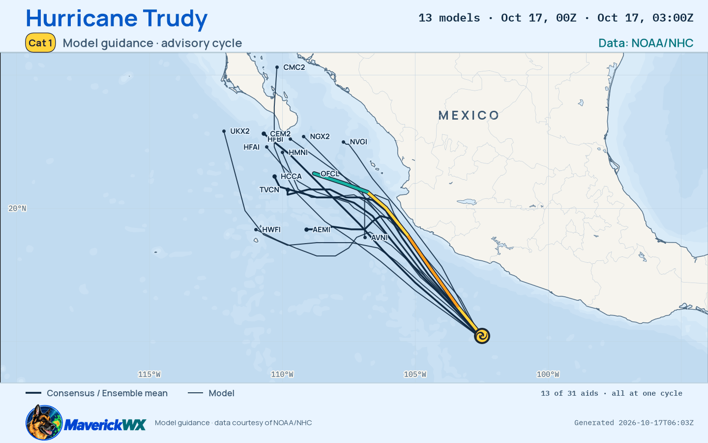 The models’ tracks, which are not a forecast for Category 1 Hurricane Trudy, NHC Advisory 15