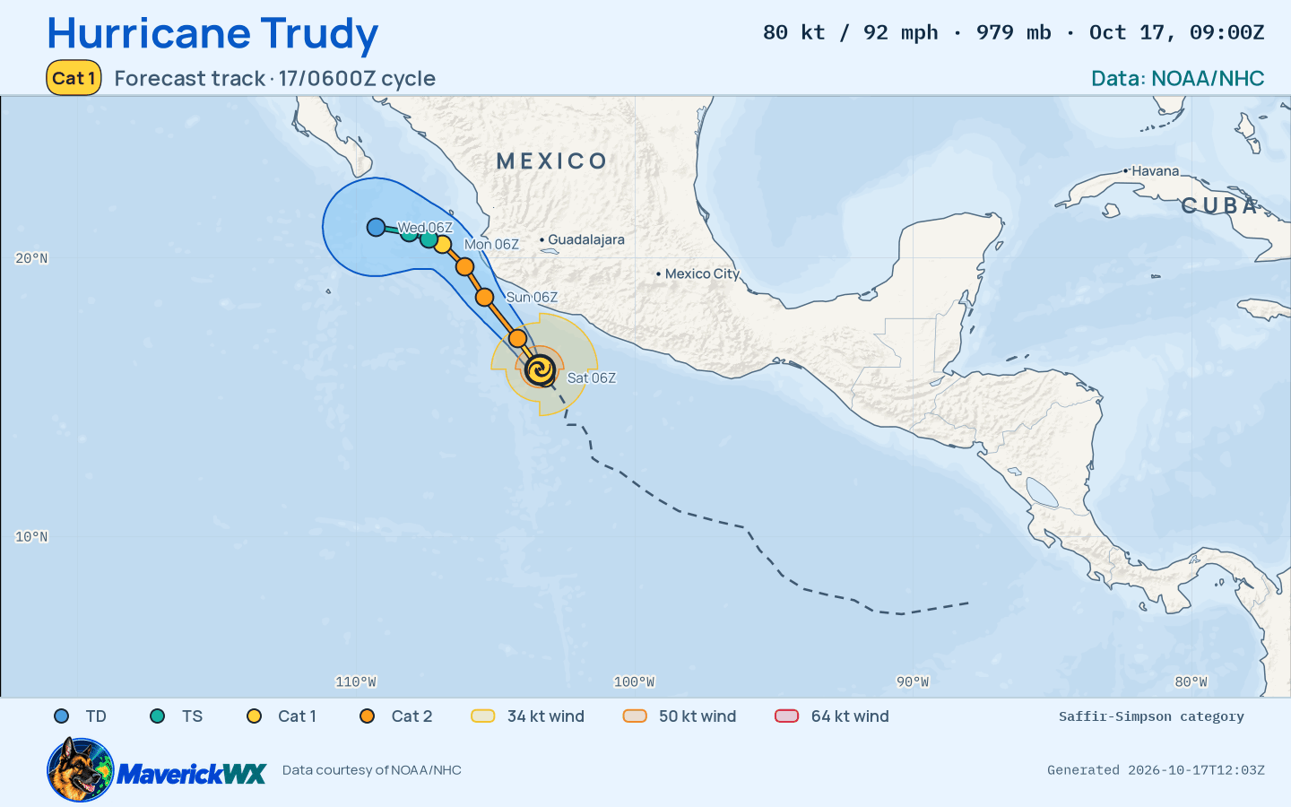 NHC forecast for Category 1 Hurricane Trudy, Advisory 16; rendered by MaverickWX