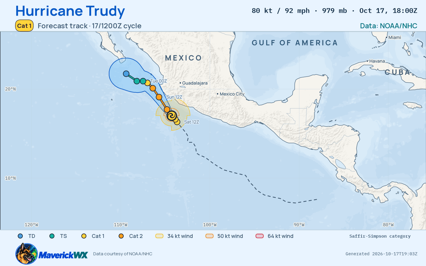 NHC forecast for Category 1 Hurricane Trudy, Best track; rendered by MaverickWX