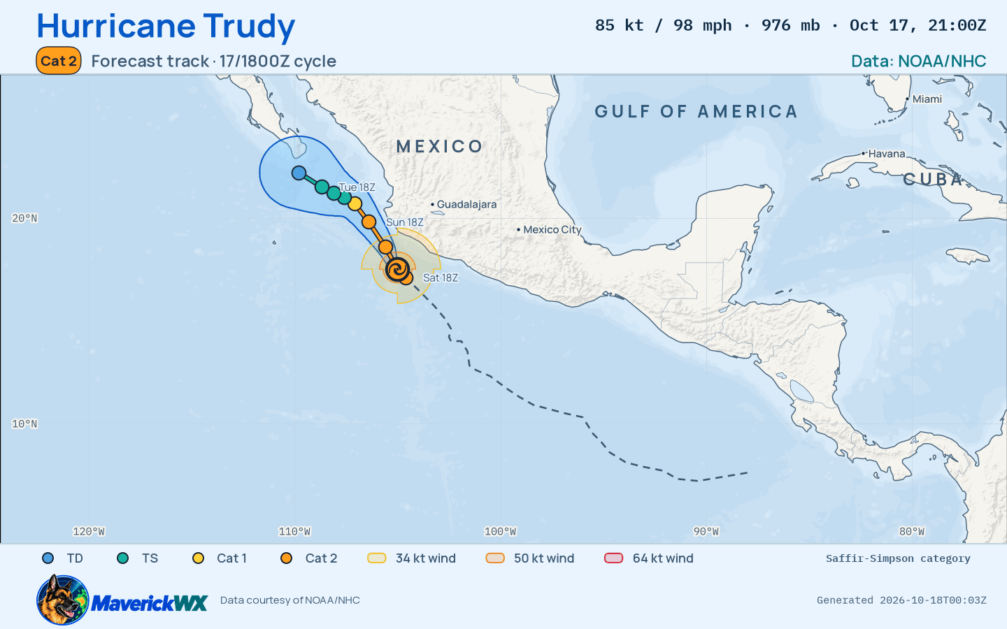 NHC forecast for Category 2 Hurricane Trudy, Advisory 18; rendered by MaverickWX