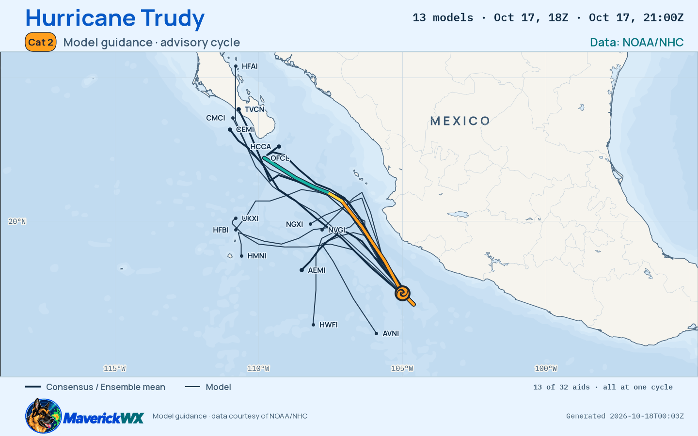 The models’ tracks, which are not a forecast for Category 2 Hurricane Trudy, NHC Advisory 18
