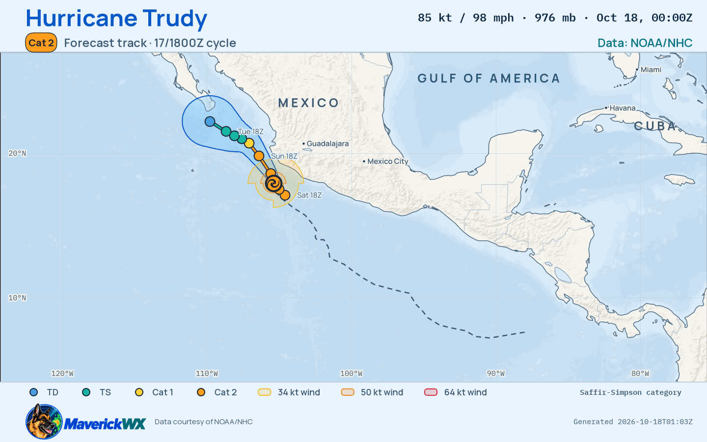 NHC forecast for Category 2 Hurricane Trudy, Best track; rendered by MaverickWX