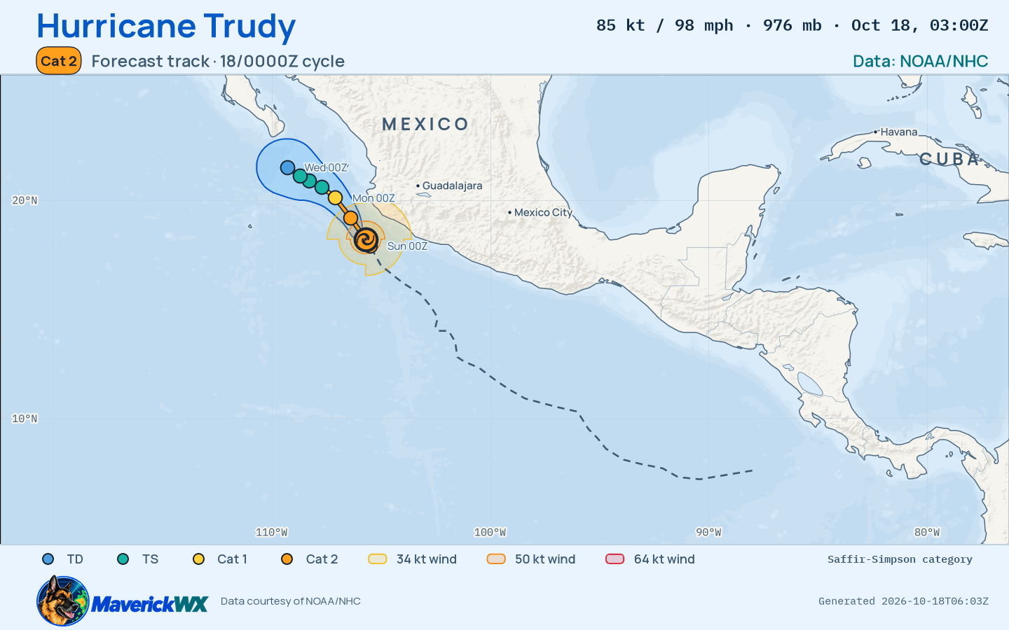 The official forecast track for Category 2 Hurricane Trudy, NHC Advisory 19