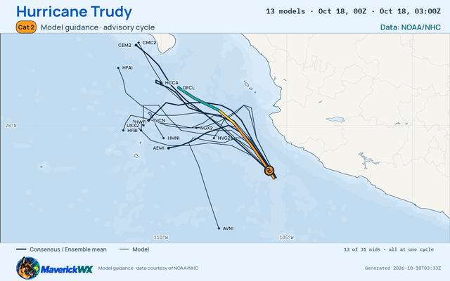 The models’ tracks, which are not a forecast for Category 2 Hurricane Trudy, NHC Advisory 19