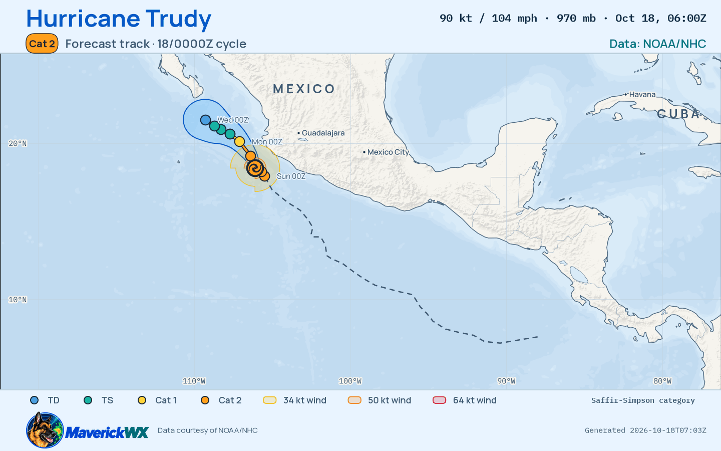 The official forecast track for Category 2 Hurricane Trudy, NHC Best track