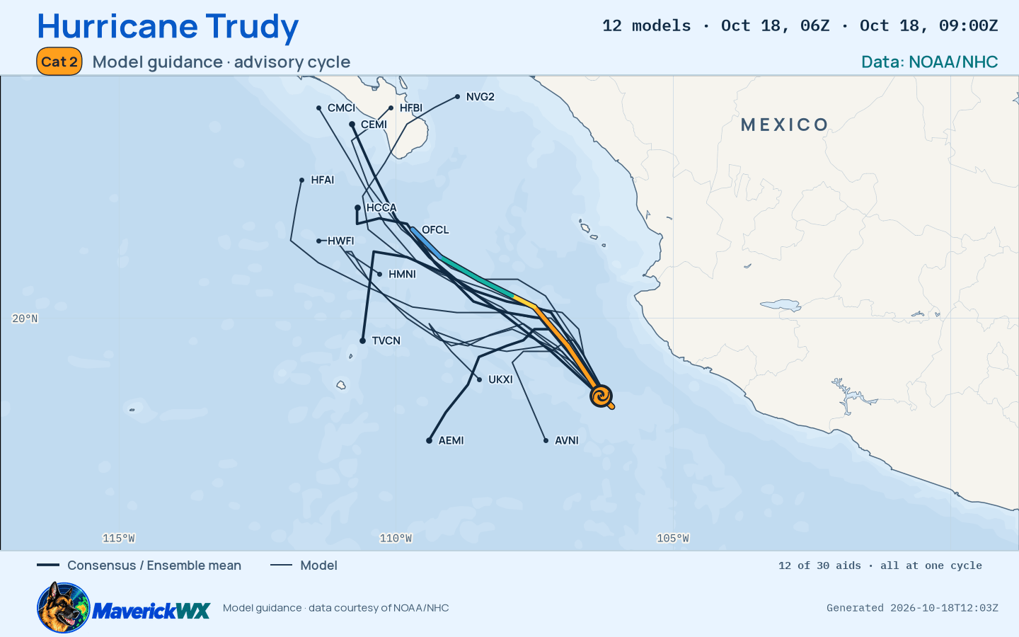 The models’ tracks, which are not a forecast for Category 2 Hurricane Trudy, NHC Advisory 20