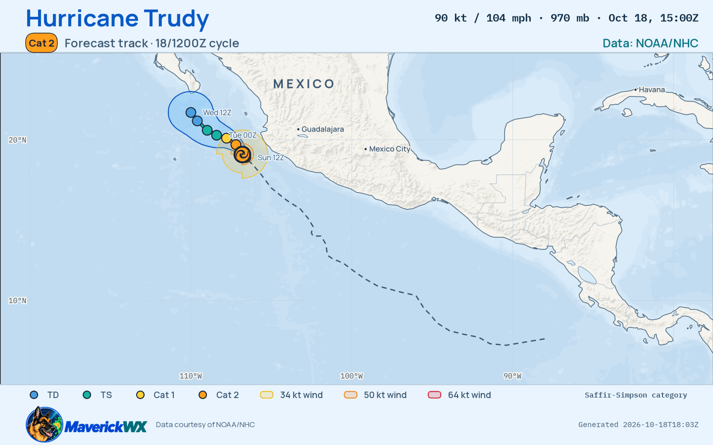 The official forecast track for Category 2 Hurricane Trudy, NHC Advisory 21