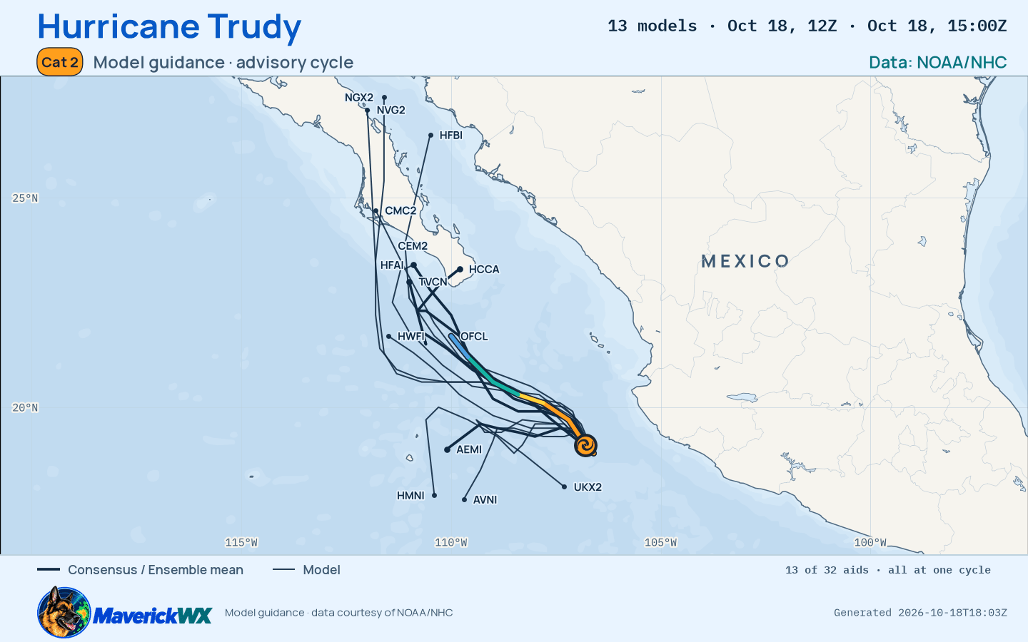 The models’ tracks, which are not a forecast for Category 2 Hurricane Trudy, NHC Advisory 21