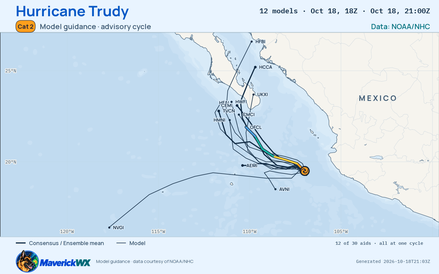 The models’ tracks, which are not a forecast for Category 2 Hurricane Trudy, NHC Advisory 22