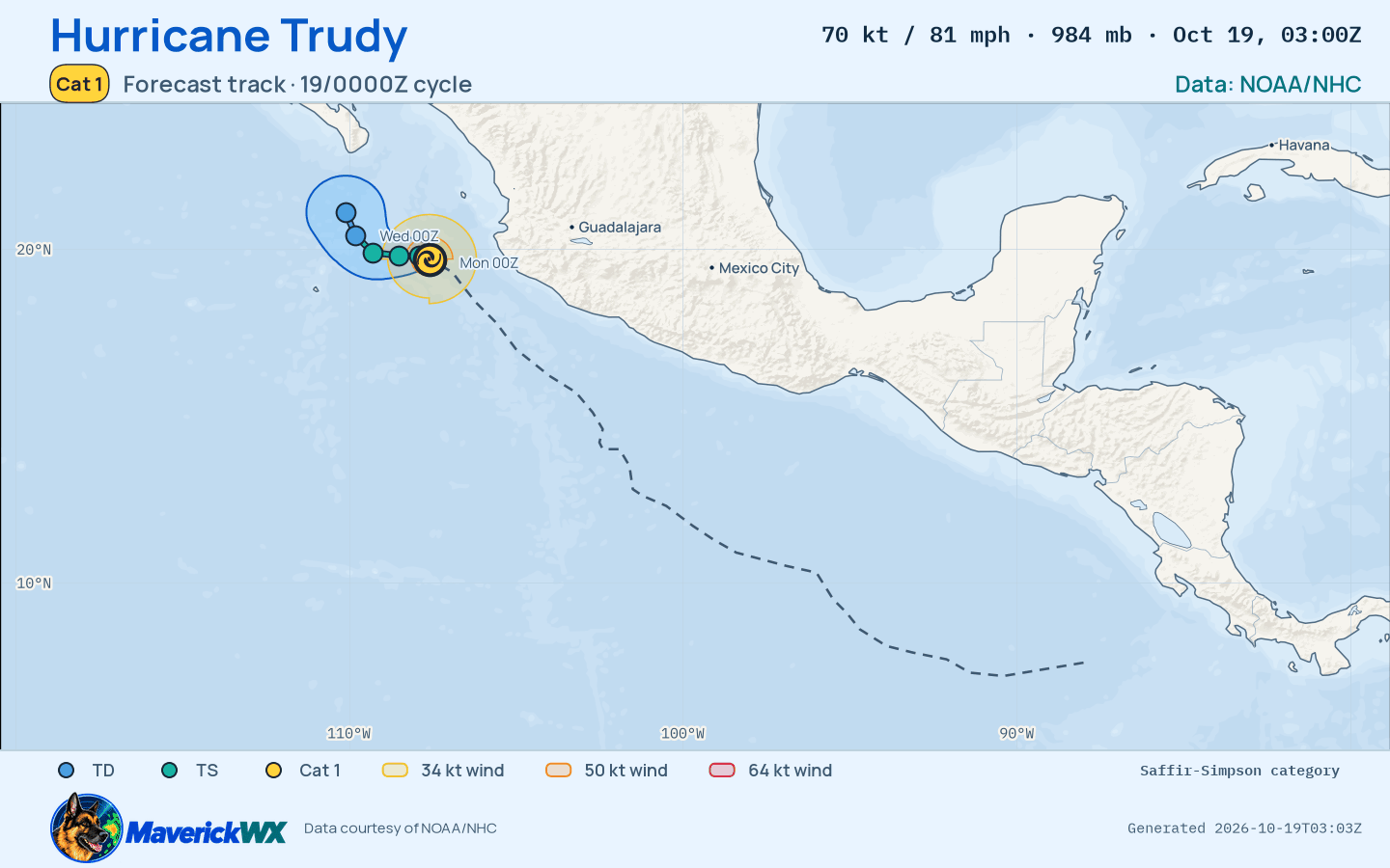 The official forecast track for Category 1 Hurricane Trudy, NHC Advisory 23